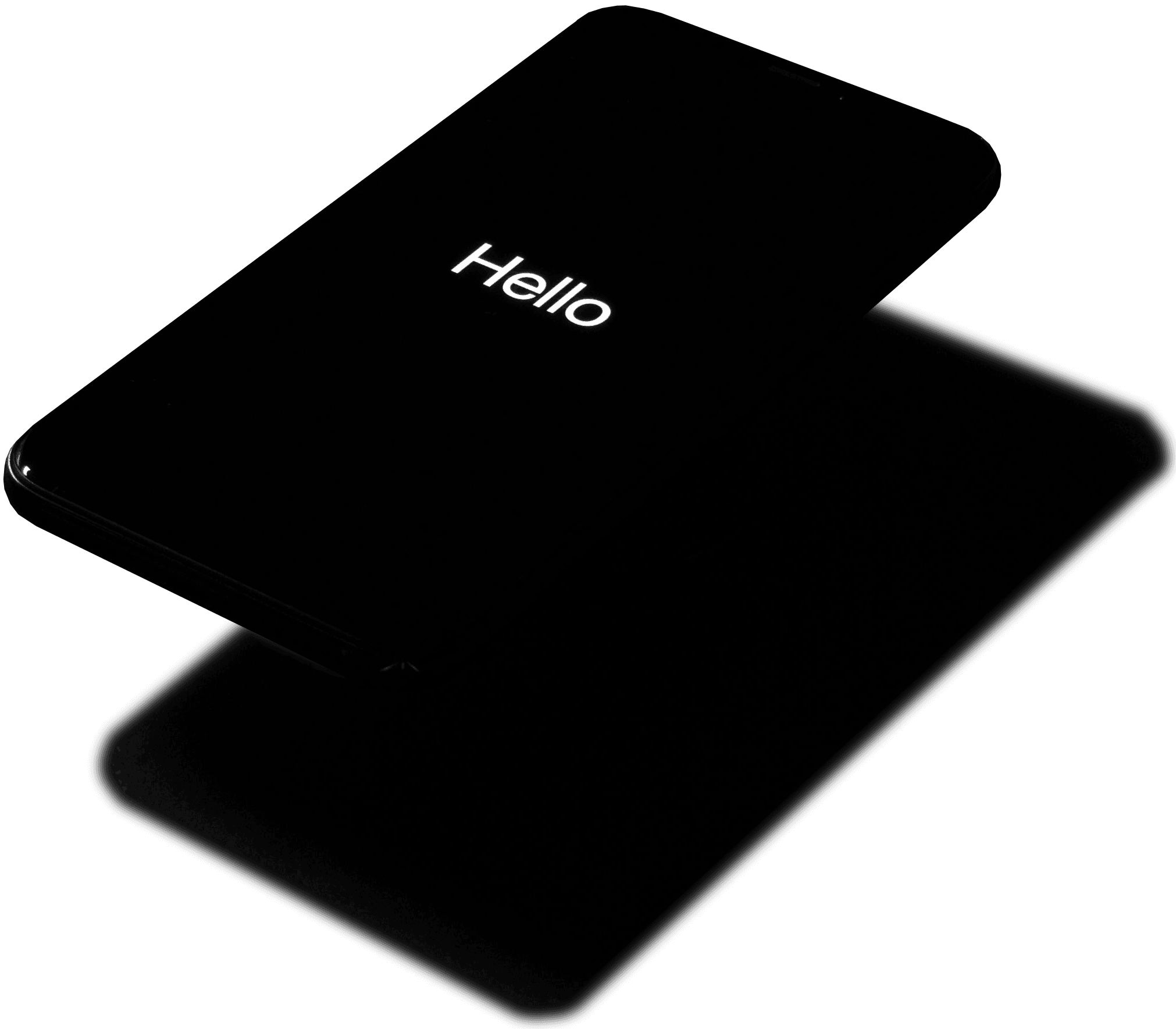 Phone floating with text saying: Hello